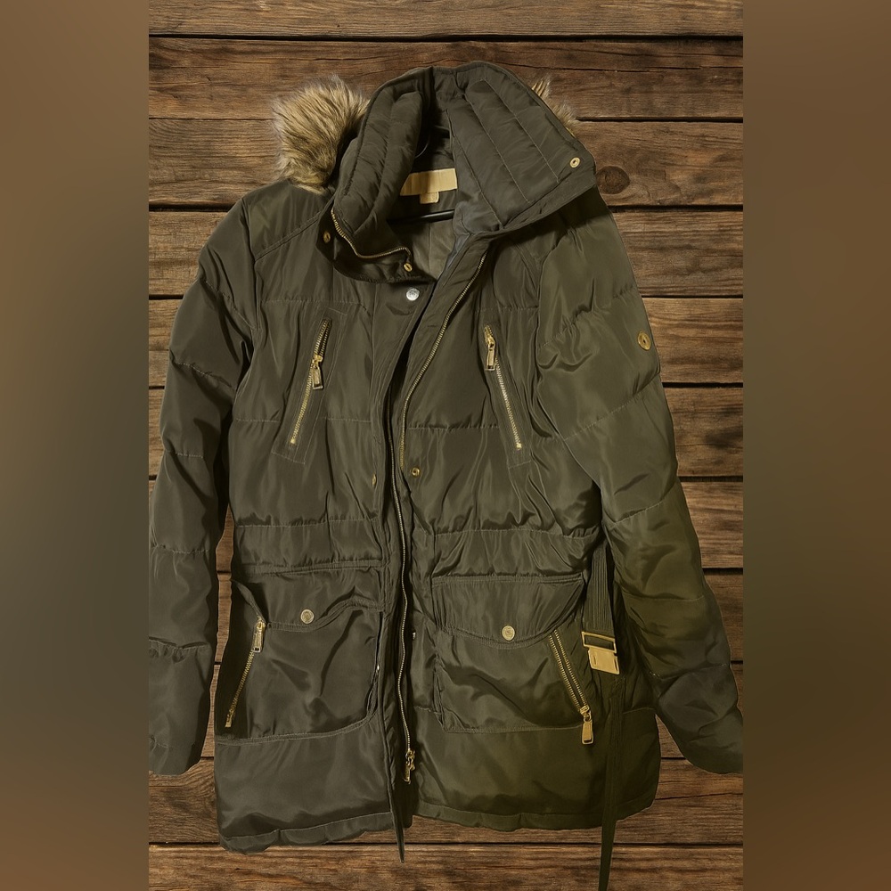 Michael Kors Green Stylish Puffer Jacket with Fur Trim Hood Size XL
